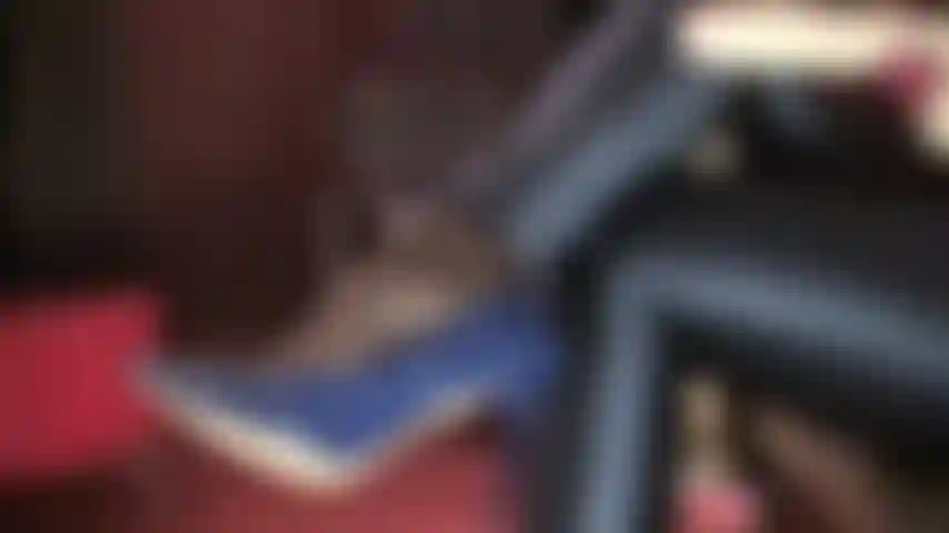 A quick wank over Goddess' shiny blue patent pumps - Burgundy red smooth satin gloves drain your cock over nylons and heels.